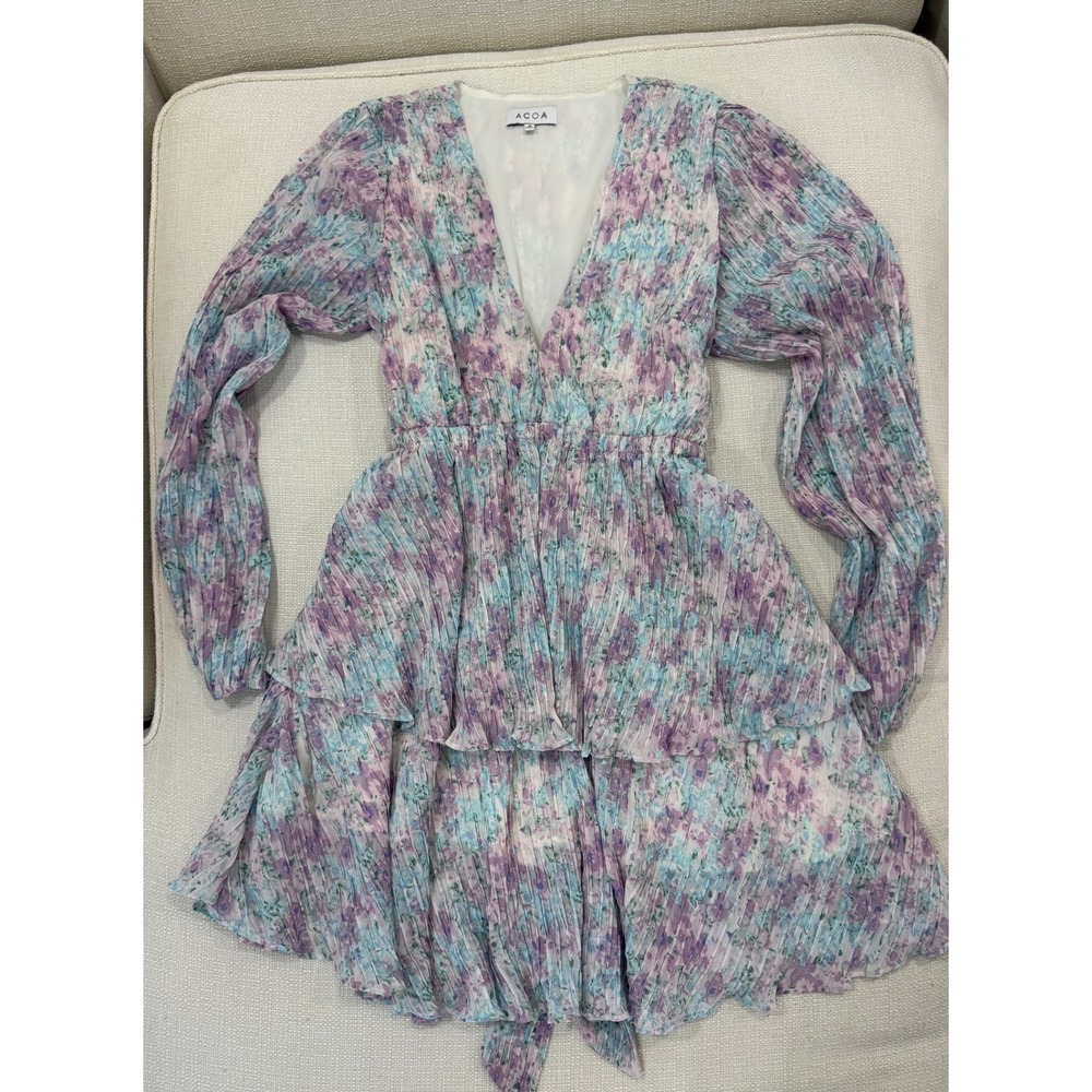 ACOA Floral Mini Dress Womens Small Pleated Tiered Ruffle V-Neck Excellent